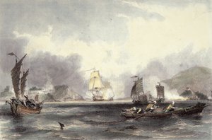 HM sender Imogene og Andromache som passerer Batteriene til Bocca-Tigris, ca. 1850