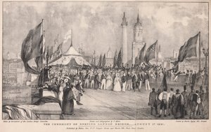 Seremonien for åpning av London Bridge med Old London Bridge i bakgrunnen av Thomas Allom