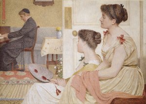 Drawing Room Scene med en ung prest ved pianoet, sent på 1800-tallet
