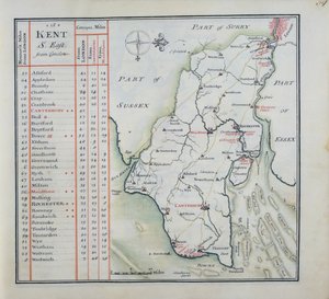Kent, plate 39r, fra A Complete Set of Maps of England and Wales in General..., 1724 (penn og blekk og wc på papir)