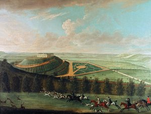 Utsikt over Belvoir Castle fra sørvest, med Belvoir Hunt in Full Cry, 1730