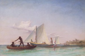 The Long Boat of the Messenger angrepet av innfødte av Thomas Baines