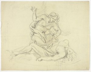 Pyramus og Thisbe (til høyre); Tre mannsfigurer med mausoleumsplanløsning (verso) av Thomas Banks
