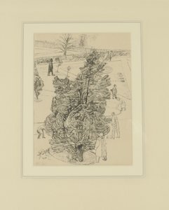 Figurer i parken; Mennene var stille, trærne snakket. Illustrasjon for The Witnesses, før 1938 (penn og blekk på papir)