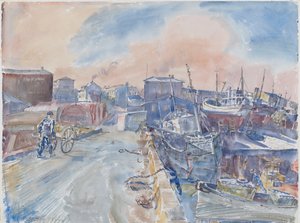 Reykjavik Fra Main Quay, Frosty Morning, Island, ca. 1930 (akvarell og blyant på papir)