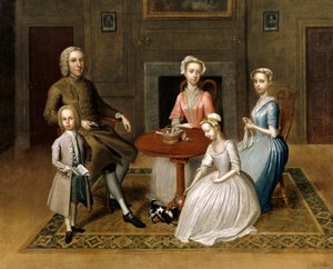 Gruppeportrett, muligens av Brewster-familien, i et hjemlig interiør, 1736