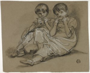 To jenter som leker på kammer (recto); Skisse av sittende kvinne med fragment av en annen figur (verso) av Thomas Barker
