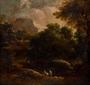 Skoglandskap med figurer, ca. 1789-1847 (olje på panel)