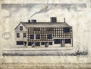 Old House on Hanging Ditch, Manchester, 1819 (penn og blekk og vask på papir)