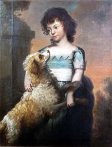 Portrett av en jente i en blå kjole med en hund