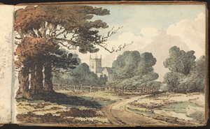 Album med landskaps- og figurstudier: Landlig scene med kirke