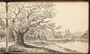 Album med landskaps- og figurstudier: Trees Alongside a River with Buildings in the Distance av Thomas Bradshaw