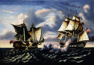 Fangst av H.B.M. Fregatt makedonsk av U.S. Fregatt USA, 25. oktober 1812, 1852. av Thomas Chambers