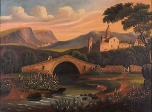 Italiensk scene med bro, 1840-1860 av Thomas Chambers
