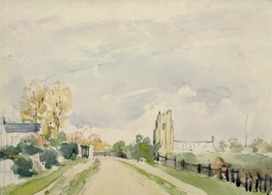 Suffolk Landscape, en bred vei med et lite hus, en kirke og trær