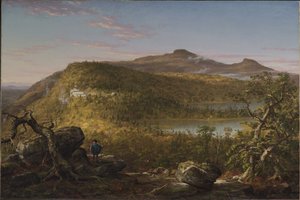 Utsikt over de to innsjøene og Mountain House, Catskill Mountains, morgen av Thomas Cole