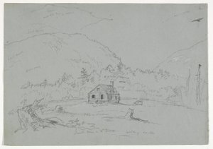 Hus i Mount Desert, ca. 1844 (grafitt forhøyet med hvit fargestift på papir) av Thomas Cole