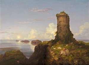 Italiensk kystscene med ødelagt tårn av Thomas Cole