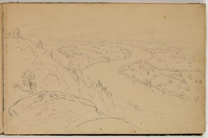 Panorama av Oxbow på Connecticut River sett fra Mount Holyoke, ca. 1832 (blyant på papir) av Thomas Cole