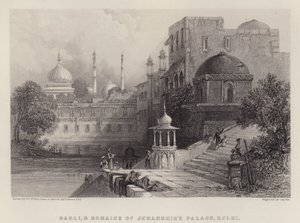 Baoli, og restene av Jehanghirs palass, Delhi (farge litho)