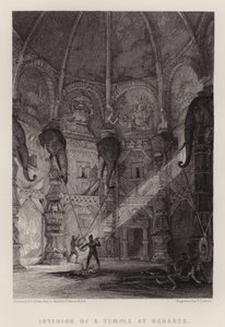 Interiør i et tempel ved Benares (farge litho)