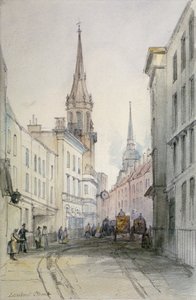Utsikt langs Lombard Street, østover, med figurer og vogner, City of London, 1851