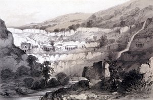 Utsikt over grotter, Ajunta, India, 1844