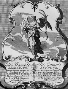 Handelskort til gullsmed Ellis Gamble, 1720-tallet, 1827.