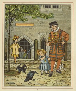 En ung jente står nervøst ved siden av en Yeoman of the Guard av Thomas Crane
