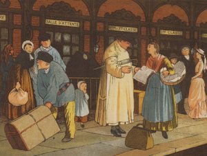 På vei fra Caen til Paris: en jernbanestasjon (farge litho) av Thomas Crane