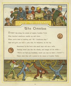 Passasjerer som reiser på omnibus mens barn snur på vognhjul på gaten nedenfor av Thomas Crane