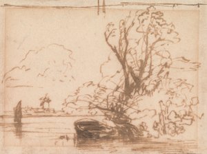 En båt fortøyd ved en elvebredd av Thomas Creswick