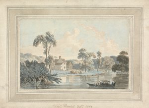 Våningshus, elv og lekter av Thomas Daniell