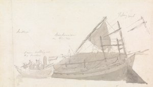Fiskebåt med små fartøy ved siden av av Thomas Daniell