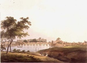 Broen i Juonpore, Bengal, gravert av H. Merke (fl. 1800-20) pub. av Edward Orme (1774-c. 1820) 1804 (lito) av Thomas Daniell