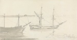 To fortøyde skip og en fiskebåt av Thomas Daniell