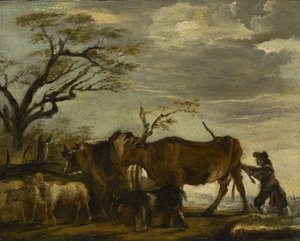 En bonde som driver storfe, sauer og geiter i et landskap, ca. 1785 av Thomas Gainsborough