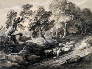 En gjeter driver en saueflokk gjennom en skog av Thomas Gainsborough