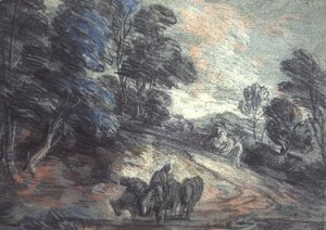 Et skogkledd landskap med hester som drikker (pastell) av Thomas Gainsborough