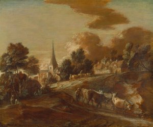En imaginær skogkledd landsby med drovers og storfe av Thomas Gainsborough