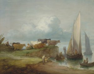 Storfe på en elvebredd med seilbåter, 1780-84