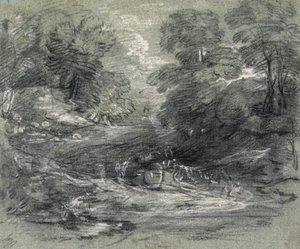 Landskap med gårdsvogn på et svingete spor mellom trær (kull og gouache på papir) av Thomas Gainsborough