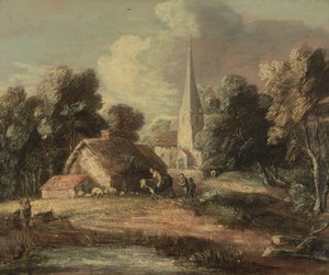 Landskap med hytte og kirke av Thomas Gainsborough