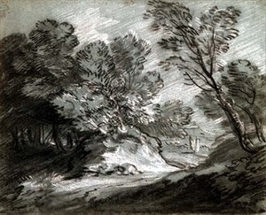 Nr.0975 Skoglandskap med et fjernt fjell (kritt på blått papir) av Thomas Gainsborough