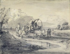 Åpent landskap med gjeter og tildekket vogn, ca. 1780-85 (grå og svart vask og kritt lagt på papir) av Thomas Gainsborough