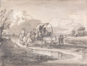 Åpent landskap med ryttere og overbygd vogn av Thomas Gainsborough