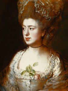 Portrett av frøken Mary Gainsborough, senere fru Fischer, kunstnerens datter, hode og skuldre, vendt mot høyre, iført en blå og hvit kjole med en rosa rose i korsasjen, av Thomas Gainsborough