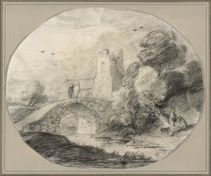 Elvelandskap med en bro og en kirke av Thomas Gainsborough