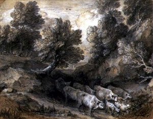 Skoglandskap med storfe og geiter, ca. 1768-72 (svart-hvitt kritt på papir) av Thomas Gainsborough