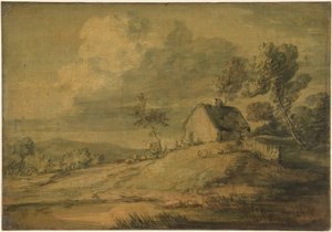 Skoglandskap med hytte, kyr og sauer av Thomas Gainsborough